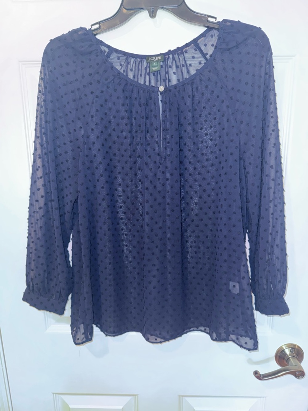 J. Crew Navy Swiss Dot Sheer Long-Sleeve Blouse